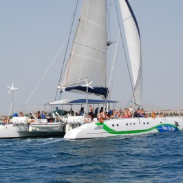 Catamaran with people sailing on the ocean under clear skies near a sandy coastline.